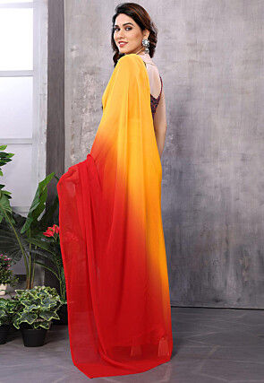 Ombre Georgette Saree in Red and Yellow
