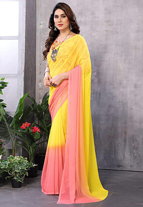 Ombre Georgette Saree in Yellow and Peach
