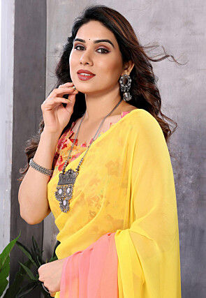 Ombre Georgette Saree in Yellow and Peach