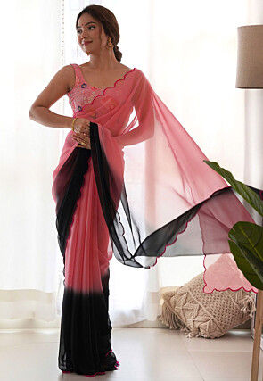 Ombre Georgette Saree with Embroidered Blouse in Peach and Black