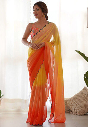 Ombre Georgette Saree with Embroidered Blouse in Yellow and Orange