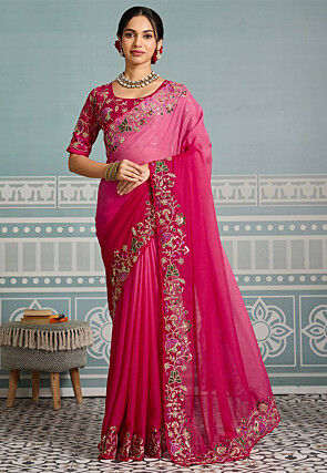 Ombre Georgette Scalloped Saree in Fuchsia Ombre
