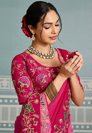 Ombre Georgette Scalloped Saree in Fuchsia Ombre