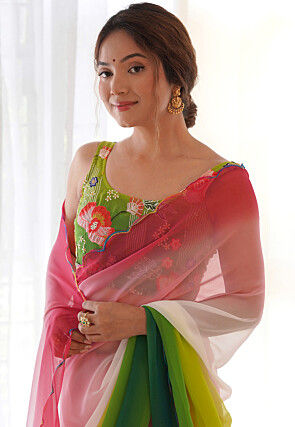Ombre Georgette Scalloped Saree in Multicolor