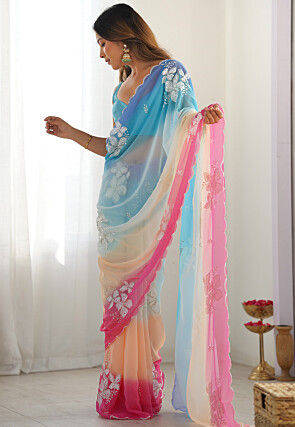 Ombre Georgette Scalloped Saree in Multicolor
