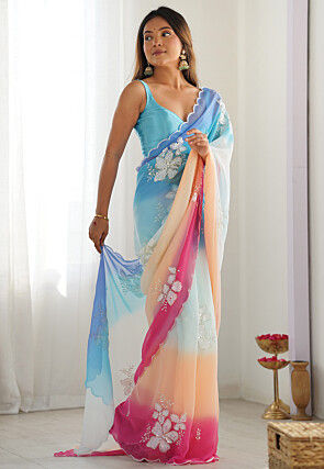 Ombre Georgette Scalloped Saree in Multicolor