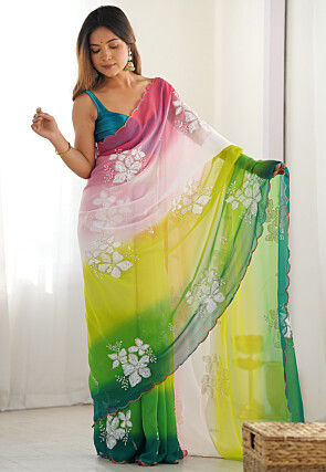 Ombre Georgette Scalloped Saree in Multicolor