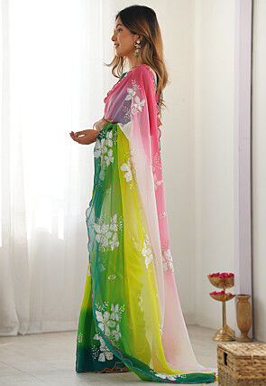 Ombre Georgette Scalloped Saree in Multicolor