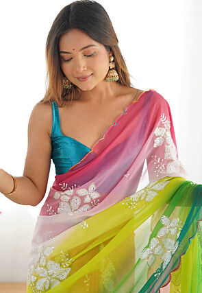 Ombre Georgette Scalloped Saree in Multicolor