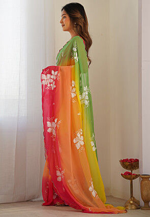 Ombre Georgette Scalloped Saree in Multicolor