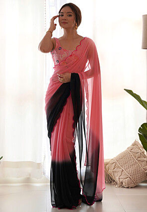 Ombre Georgette Scalloped Saree in Peach and Black Shaded