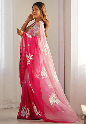 Ombre Georgette Scalloped Saree in Pink Ombre