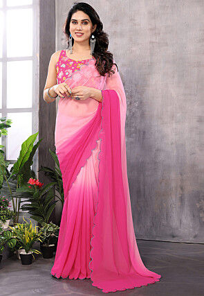 Ombre Georgette Scalloped Saree in Pink Ombre