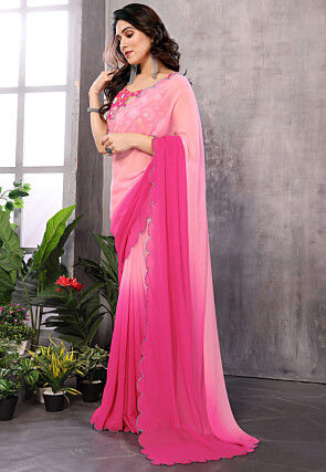Ombre Georgette Scalloped Saree in Pink Ombre