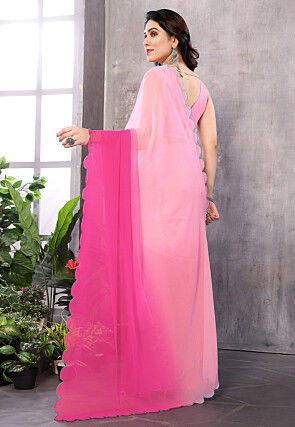 Ombre Georgette Scalloped Saree in Pink Ombre