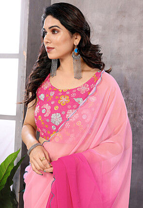 Ombre Georgette Scalloped Saree in Pink Ombre