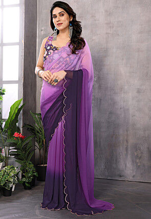 Ombre Georgette Scalloped Saree in Purple Ombre