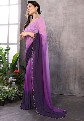 Ombre Georgette Scalloped Saree in Purple Ombre