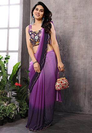 Ombre Georgette Scalloped Saree in Purple Ombre