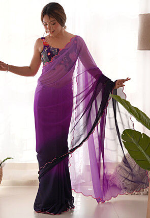 Ombre Georgette Scalloped Saree in Purple