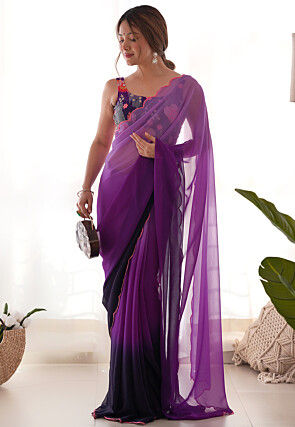 Ombre Georgette Scalloped Saree in Purple