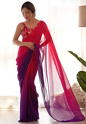 Ombre Georgette Scalloped Saree in Red and Purple Shaded