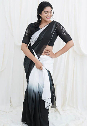 Ombre Linen Scalloped Saree in Shaded White and Black