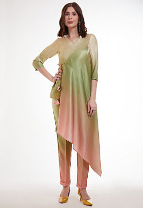 Ombre Modal Satin Co Ord Set in Shaded Peach and Pastel Green