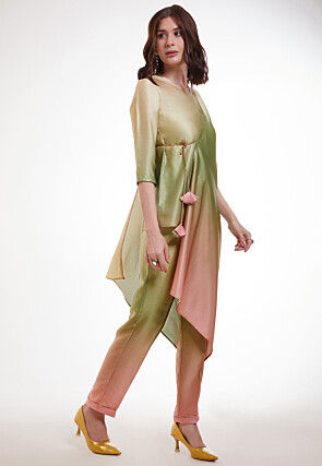 Ombre Modal Satin Co Ord Set in Shaded Peach and Pastel Green