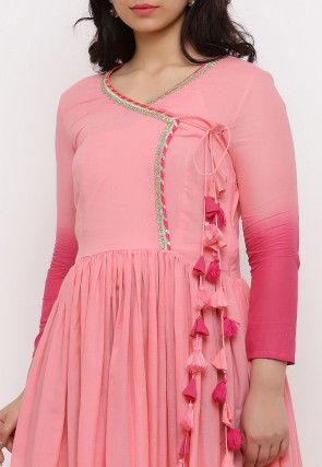 Ombre Mulmul Cotton Angrakha Style Gown Set in Ombre Baby Pink