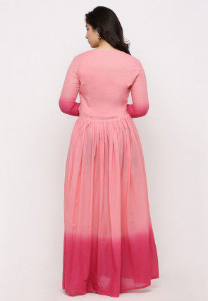 Ombre Mulmul Cotton Angrakha Style Gown Set in Ombre Baby Pink