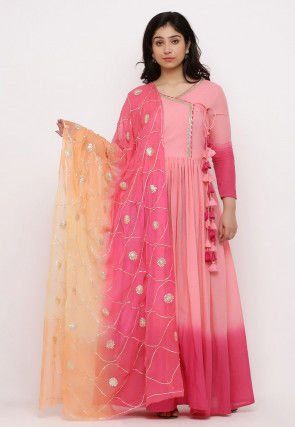 Ombre Mulmul Cotton Angrakha Style Suit in Ombre Baby Pink