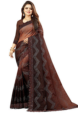 Ombre Net Jacquard Saree in Brown