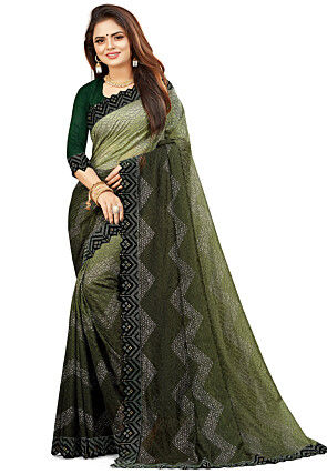 Ombre Net Jacquard Saree in Olive Green