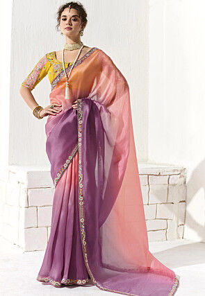 Ombre Organza Saree in Shaded Peach and Purple