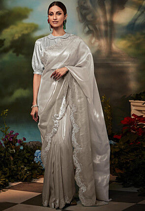 Ombre Organza Shimmer Scalloped Saree in Grey
