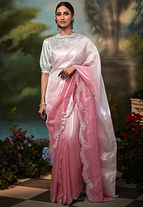 Ombre Organza Shimmer Scalloped Saree in Pink
