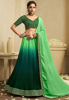 Ombre Polyester Accordion Lehenga in Blue and Green