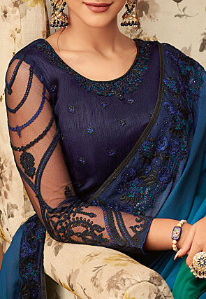 Ombre Satin Chiffon Saree in Blue