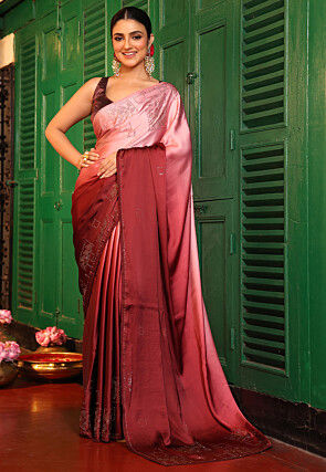 Ombre Satin Saree in Pink and Maroon