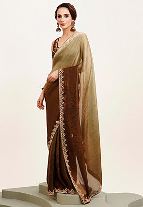 Ombre Satin Saree in Shaded Dusty Green and Brown