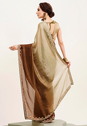 Ombre Satin Saree in Shaded Dusty Green and Brown