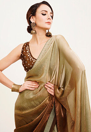 Ombre Satin Saree in Shaded Dusty Green and Brown