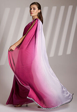 Ombre Satin Saree in Shaded White and Fuchsia