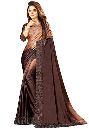 Ombre Satin Scalloped Saree in Brown 