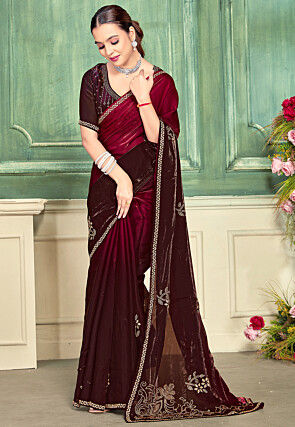 Embellished Satin Silk Saree in Maroon