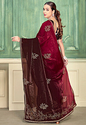 Embellished Satin Silk Saree in Maroon