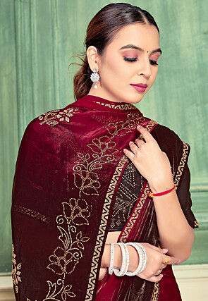 Embellished Satin Silk Saree in Maroon