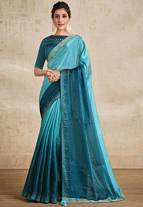 Ombre Satin Silk Saree in Teal Blue