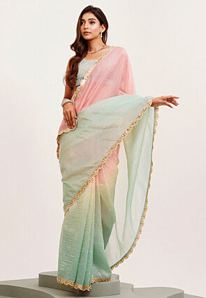 Ombre Tissue Saree in Shaded Pink and Pastel Green